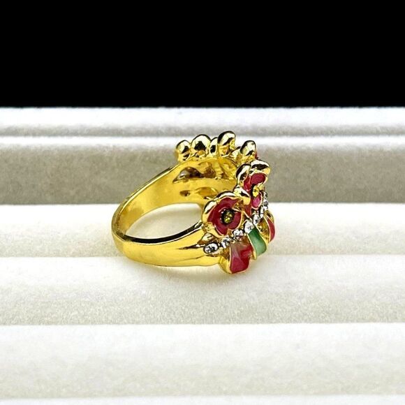 Yellow Gold with Citrine and Diamond Crystal Enamel Leaf and Flower Ring Size 6 - Picture 7 of 12